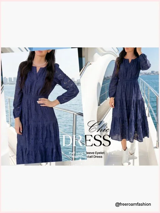 Long Sleeve Floral Maxi Dress with Pockets, Lace Eyelet Boho Formal - Picture 7 of 7